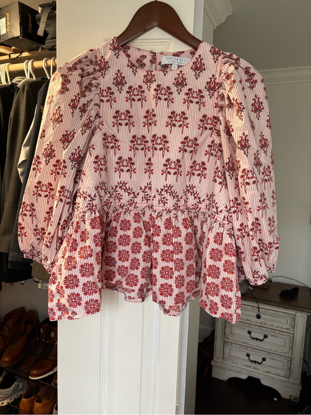 HUNTER BELL Red floral Puff-Sleeve Peplum Blouse